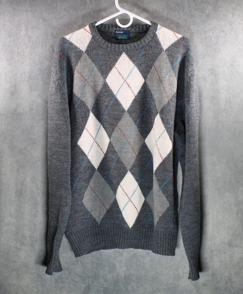 Vintage Arrow Blazer Argyle Sweater Mens L Gray Crew Neck Acrylic Knit Pullover